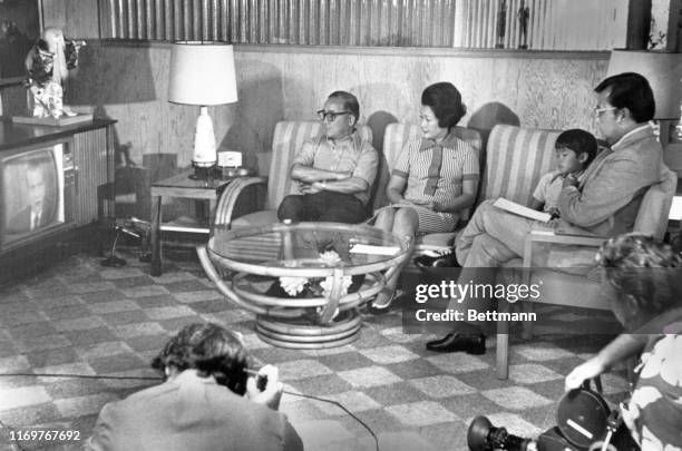 Senator Daniel Inouye , a member of the Senate Watergate Committee, watched President Nixon deliver his speech Wednesday with family and friends....