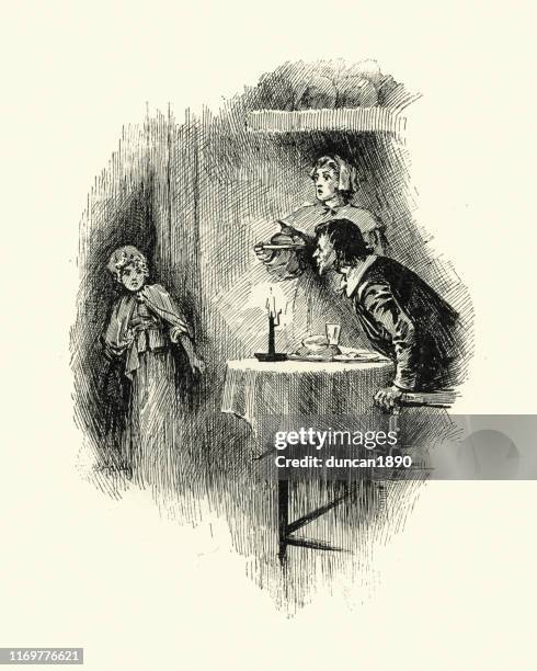 royalist girl interrupting the servants supper, 17th century - distracted worker stock illustrations