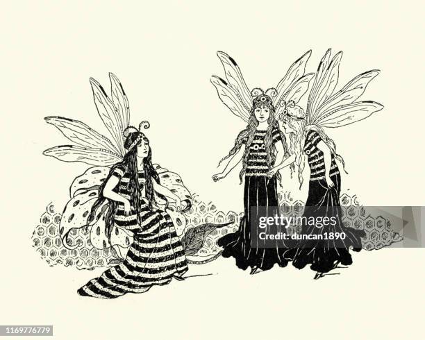 fairies in striped dresses, victorian storybook illustration, 19th century - fairy stock illustrations