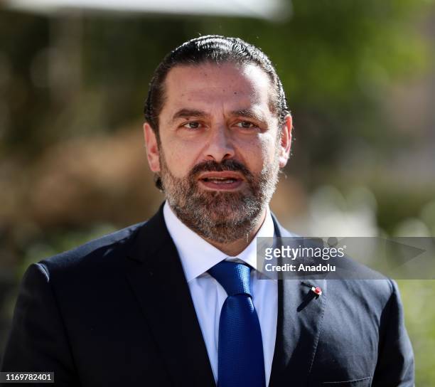 Lebanese Prime Minister Saad Hariri and French President Emmanuel Macron hold a joint press conference at the Elysee Palace in Paris, France on...