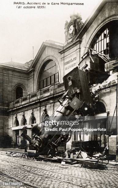 Vintage French postcard featuring a railway accident at the Gare Montparnasse in Paris on 21st October 1895.