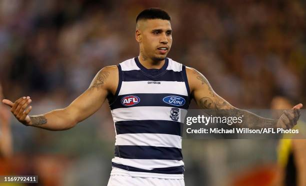 Tim Kelly of the Cats celebrates a goal during the 2019 AFL Second Preliminary Final match between the Richmond Tigers and the Geelong Cats at the...