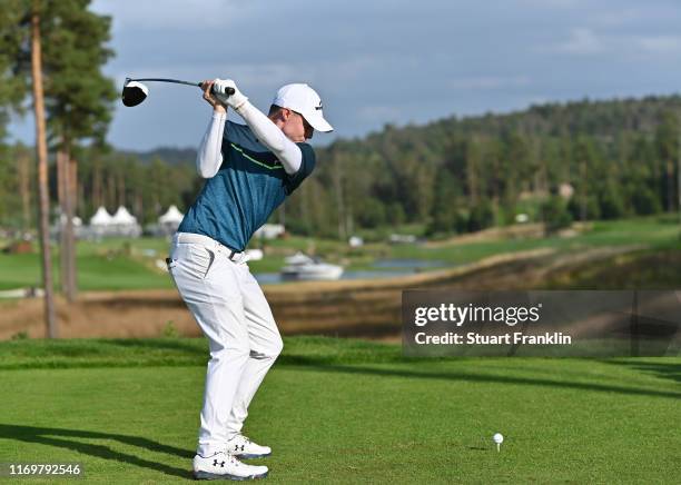 Matt Fitzpatrick of England plays his tee shot on the 18th hole during Day two of the Scandinavian Invitation at The Hills and Sports Club on August...