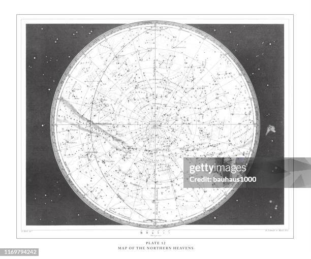 map of the northern heavens engraving antique illustration, published 1851 - astronomy chart stock illustrations