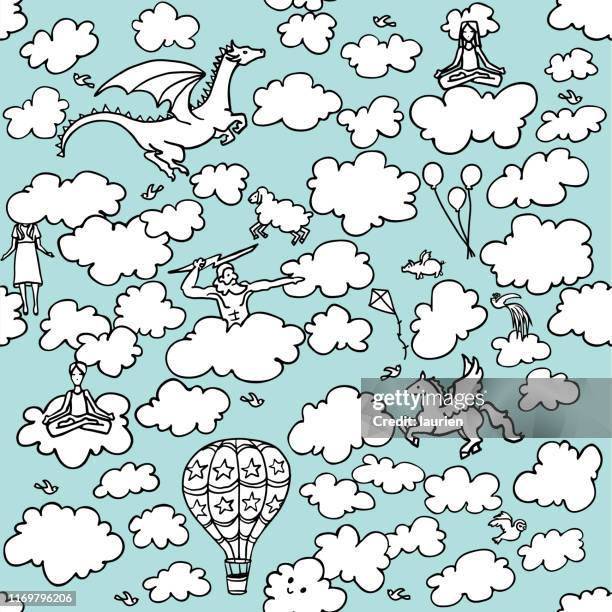 ilustraciones, imágenes clip art, dibujos animados e iconos de stock de doodles in the clouds - estar-en-las-nubes