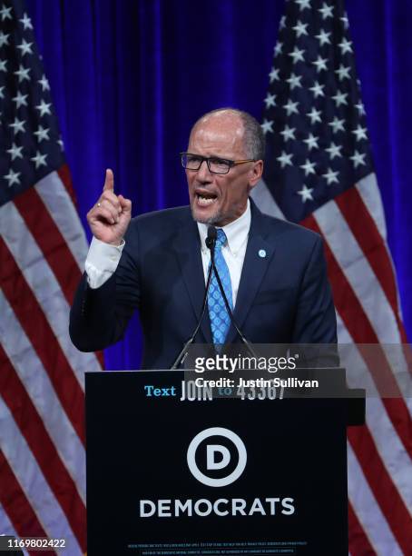 Democratic National Committee chairman Tom Perez speaks during the Democratic Presidential Committee summer meeting on August 23, 2019 in San...