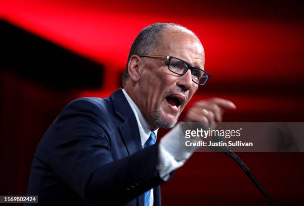 Democratic National Committee chairman Tom Perez speaks during the Democratic Presidential Committee summer meeting on August 23, 2019 in San...