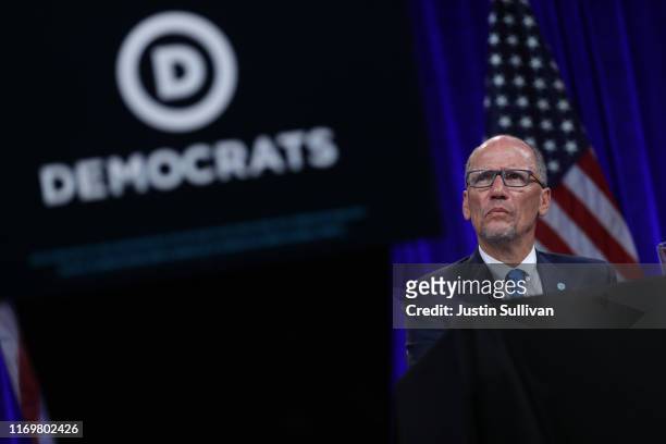 Democratic National Committee chairman Tom Perez looks on during the Democratic Presidential Committee summer meeting on August 23, 2019 in San...