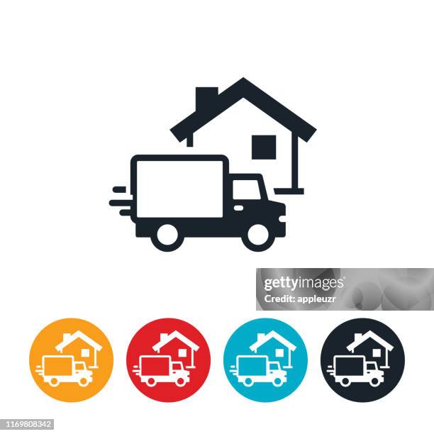 ilustraciones, imágenes clip art, dibujos animados e iconos de stock de conisudinador de camión de reparto en la casa - camión de las mudanzas