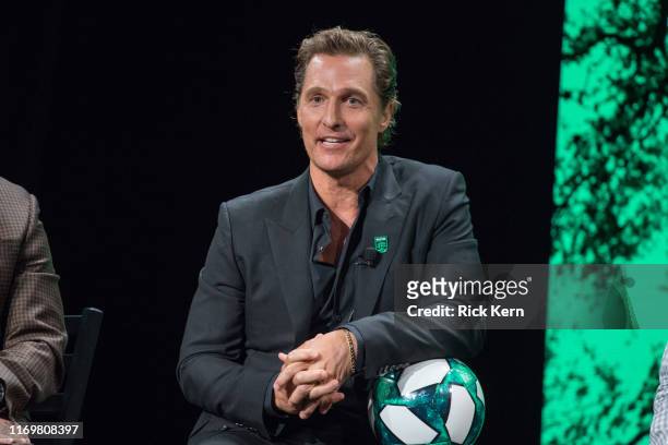 Matthew McConaughey, Academy Award-winning actor attends the Austin FC Major League Soccer club announcement of four new investors including himself...