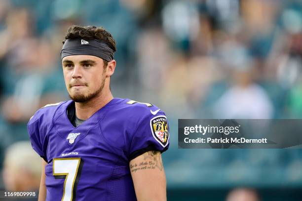 Trace McSorley of the Baltimore Ravens looks on before a preseason game against the Philadelphia Eagles at Lincoln Financial Field on August 22, 2019...