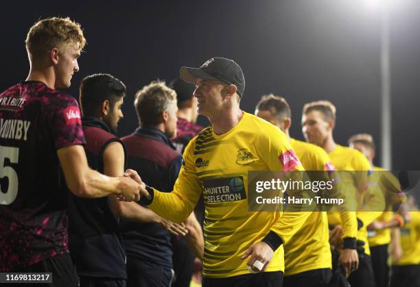 Michael Klinger of Gloucestershire leads his side off after victory over Somerset during the Vitality Blast match between Gloucestershire and...