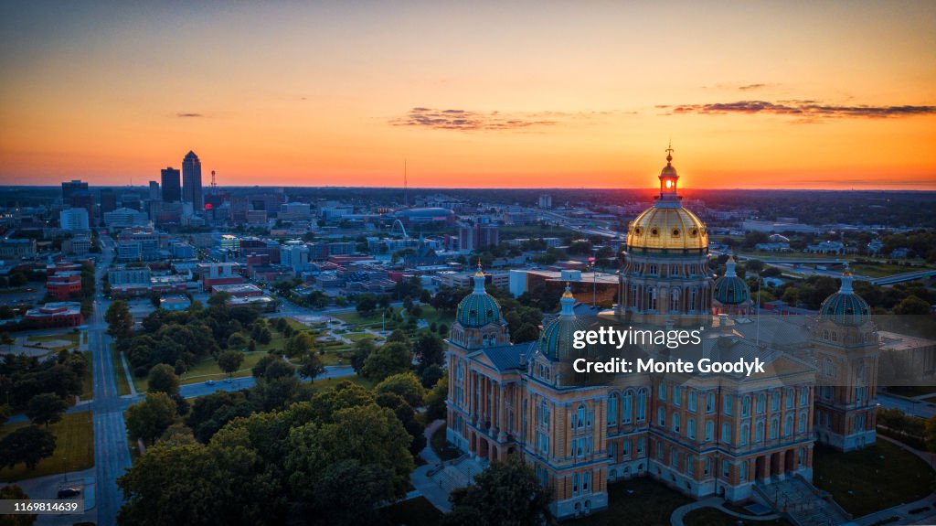 Aerial Sunset Through The Iowa Capitol Windows