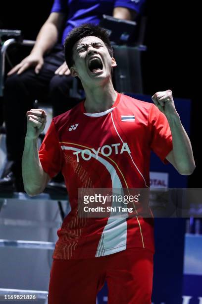 Kantaphon Wangcharoen of Thailand celebrates the victory in the Men's Singles quarter finals match against Chou Tien Chen of Chinese Taipei during...