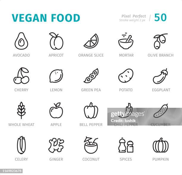 ilustraciones, imágenes clip art, dibujos animados e iconos de stock de comida vegana - pixel iconos de línea perfectos con subtítulos - agua