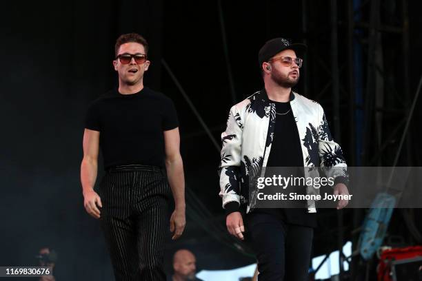 Mike Kerr and Ben Thatcher of Royal Blood perform live on the Main Stage during day one of Reading Festival 2019 at Richfield Avenue on August 23,...