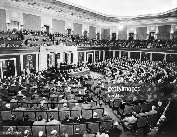 Picture taken on January 13, 1951 shows a session of Congress in the House Chamber at the US Capitol in Washington, DC., United States. The...