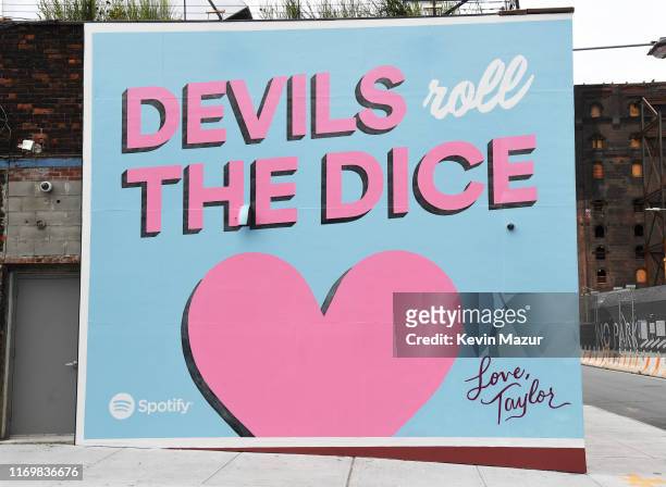 View of the Spotify Mural on Taylor Swift's Album Release Day at Kent Avenue and South 1st Street, Williamsburg, on August 23, 2019 in Brooklyn, New...