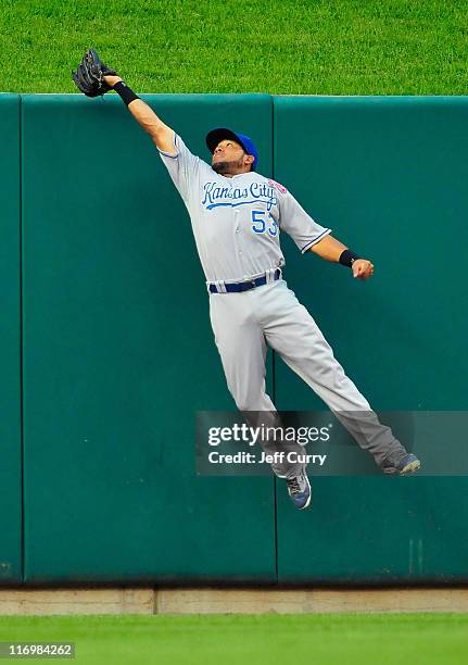 Melky Cabrera of the Kansas City Royals leap at the wall and catches a ball hit by Lance Berkman of the St. Louis Cardinals at Busch Stadium on June...