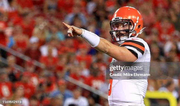 Baker Mayfield of the Cleveland Browns calls a play during a preseason game against the Tampa Bay Buccaneers at Raymond James Stadium on August 23,...