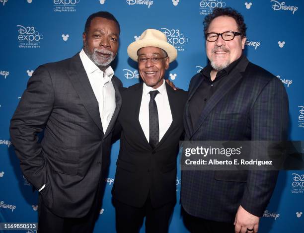 Carl Weathers, Giancarlo Esposito, and Executive producer/writer Jon Favreau of 'The Mandalorian' took part today in the Disney+ Showcase at Disney’s...