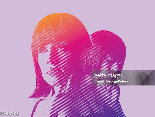 multiple exposure of a young woman making decisions - two faces in one stock illustrations