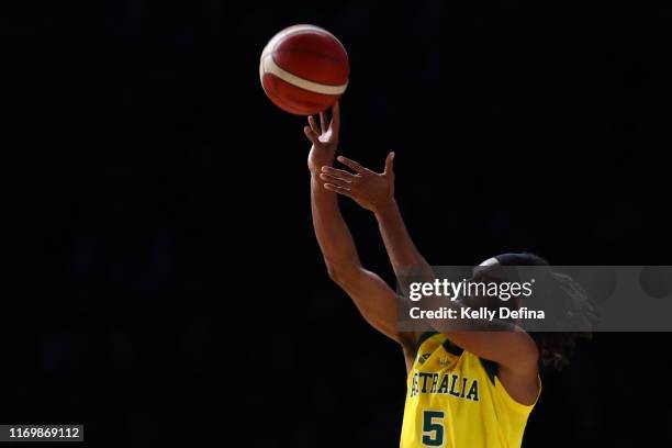 Patty Mills of the Boomers shoots a three pointer during game two of the International Basketball series between the Australian Boomers and United...