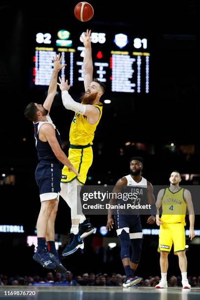 Aron Baynes of the Boomers shoots during game two of the International Basketball series between the Australian Boomers and United States of America...