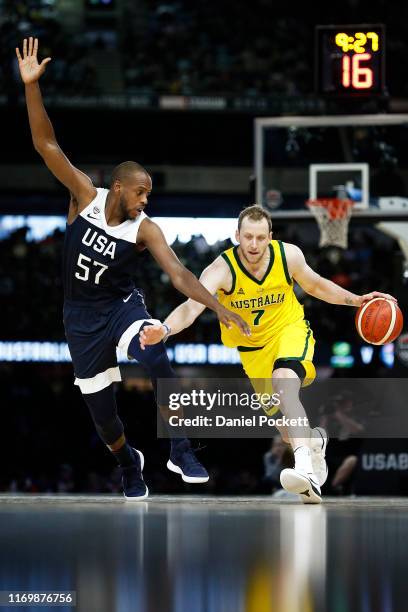 Joe Ingles of the Boomers runs with the ball during game two of the International Basketball series between the Australian Boomers and United States...