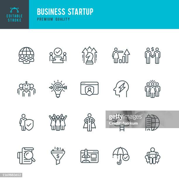 stockillustraties, clipart, cartoons en iconen met business startup-vector lijn icon set - uitbesteding