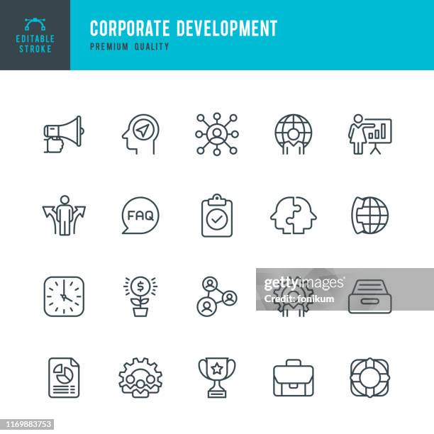 ilustraciones, imágenes clip art, dibujos animados e iconos de stock de desarrollo corporativo - conjunto de iconos de línea vectorial - persuasión