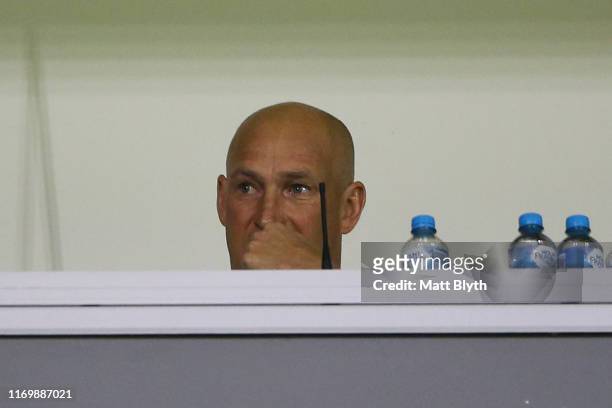 Knights coach Nathan Brown is seen during the round 23 NRL match between the Wests Tigers and the Newcastle Knights at Campbelltown Stadium on August...
