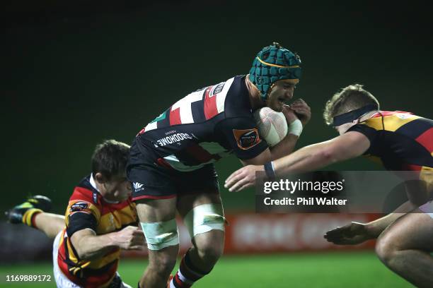 Sam Henwood of Counties is tackled during the round 3 Mitre 10 Cup match between Counties Manukau and Waikato at Navigation Homes Stadium on August...