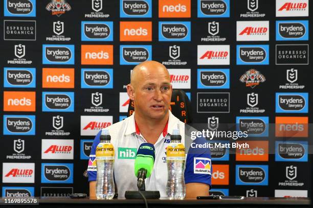 Knights coach Nathan Brown talks to the media after the round 23 NRL match between the Wests Tigers and the Newcastle Knights at Campbelltown Stadium...