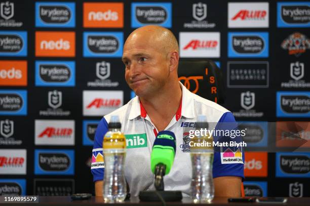 Knights coach Nathan Brown talks to the media after the round 23 NRL match between the Wests Tigers and the Newcastle Knights at Campbelltown Stadium...