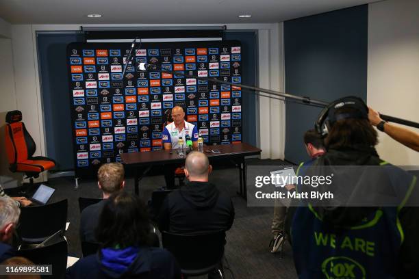 Knights coach Nathan Brown talks to the media after the round 23 NRL match between the Wests Tigers and the Newcastle Knights at Campbelltown Stadium...