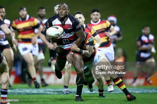 Kirisi Kuridrani of Counties Manukau is tackled during the round 3 Mitre 10 Cup match between Counties Manukau and Waikato at Navigation Homes...