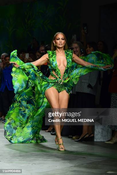 Singer Jennifer Lopez presents a creation for Versace's Women's Spring Summer 2020 collection in Milan on September 20, 2019.