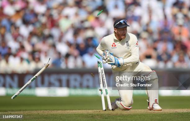 England wicketkeeper Jonny Bairstow runs out Aaustralia batsman Marnus Labuschagne during day three of the 3rd Ashes Test Match between England and...