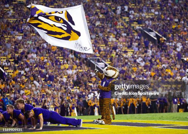 The LSU Tigers cheerleaders entertain the crowd during a game between the Northwestern State Demons and the LSU Tigers at Tiger Stadium in Baton...