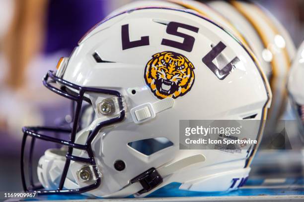 An LSU helmet rests on the sideline during a game between the Northwestern State Demons and the LSU Tigers at Tiger Stadium in Baton Rouge, Louisiana...