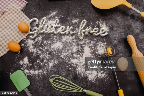 gluten free test in flour.bakery items.top view - dough stock pictures, royalty-free photos & images