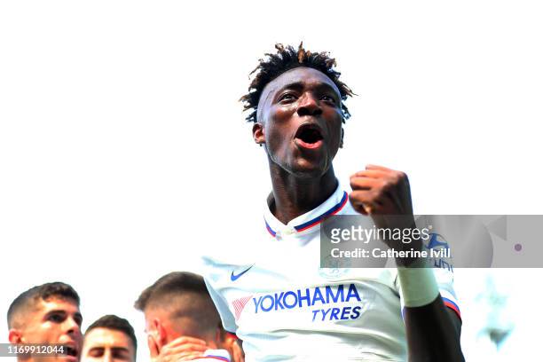 Tammy Abraham of Chelsea celebrates after his team's second goal during the Premier League match between Norwich City and Chelsea FC at Carrow Road...