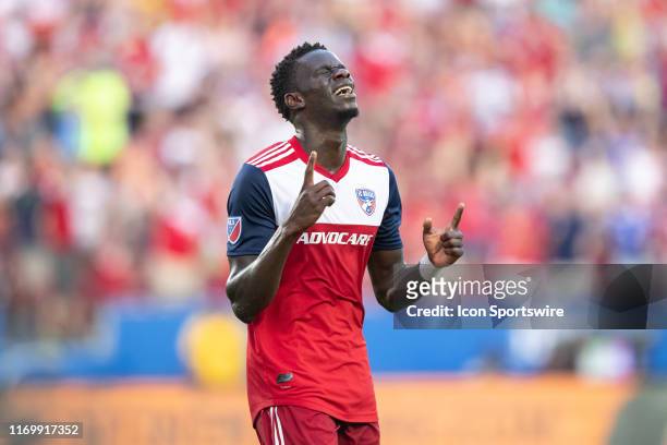 Dallas forward Dominique Badji celebrates a goal during the MLS soccer game between FC Dallas and Toronto FC on June 22 at Toyota Stadium in Frisco,...