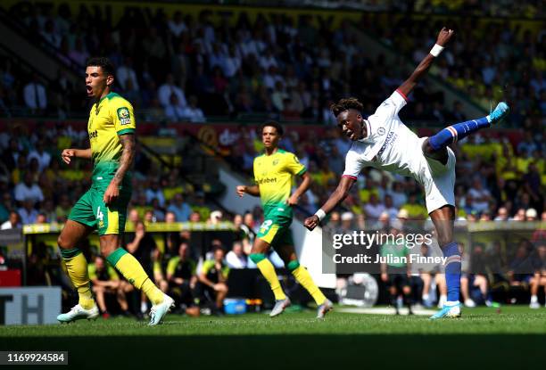 Tammy Abraham of Chelsea scores his team's third goal during the Premier League match between Norwich City and Chelsea FC at Carrow Road on August...