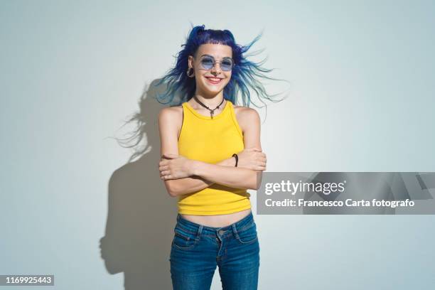 portrait of smiling young girl - dyed shades imagens e fotografias de stock