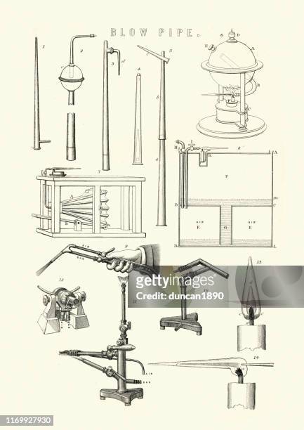 stockillustraties, clipart, cartoons en iconen met victoriaanse wetenschap apparatuur, blaaspijp (tool), 19e eeuw - bunsen burner