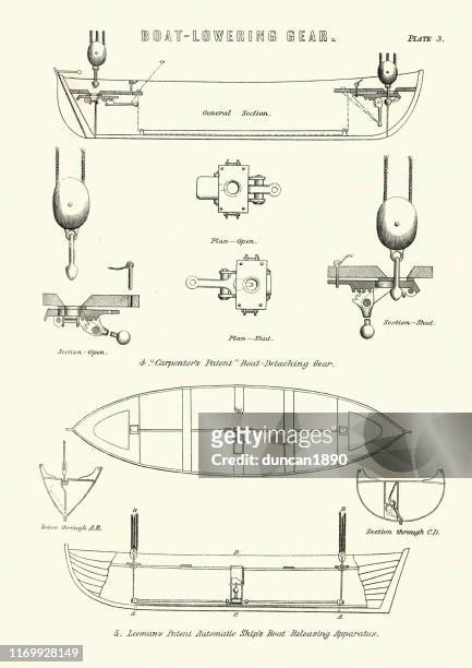 diagram of victorian sailing ships lifeboat lowering gear - rescue boat stock illustrations