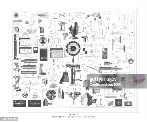 theories and instruments of optics engraving antique illustration, published 1851 - lens eye stock illustrations