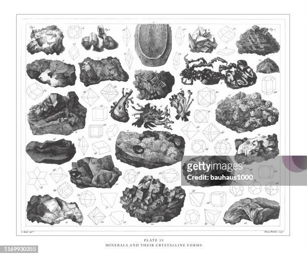 mineralien und ihre kristallinen formen gravur antike illustration, veröffentlicht 1851 - gold edelmetall stock-grafiken, -clipart, -cartoons und -symbole